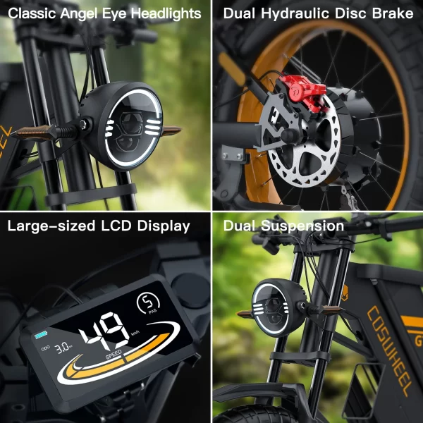 coswheel gt20 por electric bicycle peak 3000 watt motor 48v40ah lithium battery e bike 20 inch fat tire mountain electric bike