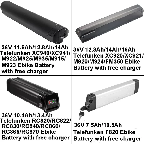 electric bike battery 36v 10.4ah 11.6ah 12.8ah 14ah 16ah for telefunken xc940 xc941 m915 m920 m922 m923 m924 m925 m935 rc820