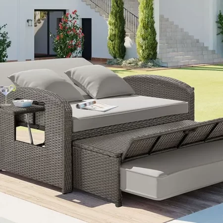 topmax pe wicker rattan double chaise lounge, 2 person reclining daybed with adjustable back and cushions, free furniture protec