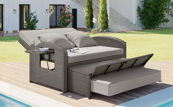 topmax pe wicker rattan double chaise lounge, 2 person reclining daybed with adjustable back and cushions, free furniture protec
