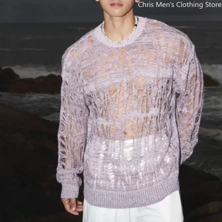 2025 spring fashion knitting t shirt sexy hollow qut mesh knit t shirts men see through ripped crewneek pullover tops for mens