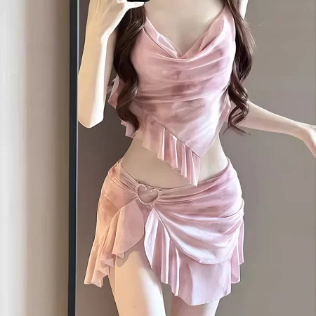new korean style bikini set women pink gradient ruffles push up mesh skirt 3 piece swimsuit summer bathing suit holiday swimwear