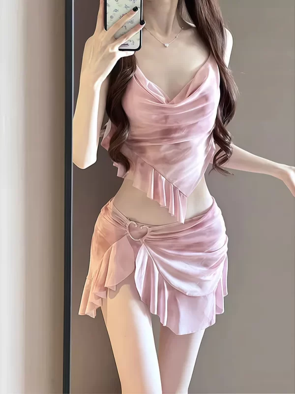 new korean style bikini set women pink gradient ruffles push up mesh skirt 3 piece swimsuit summer bathing suit holiday swimwear