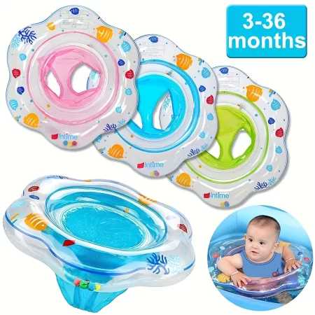 1 inflatable baby swim ring with double safety airbags and safety seat, pool bathtub accessory, blue, green, pink