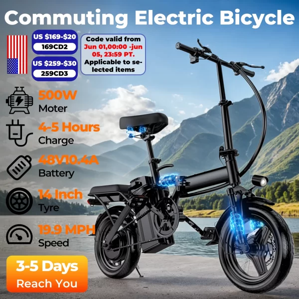14 inch electric bike, easy to fold, adult commuter electric bike, 500w motor, removable battery, 20 mile maximum range