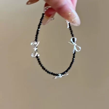 black crystal beaded bowknot pearl bracelet for women girl korean fashion beads chain vintage bracelet aesthetic y2k jewelry