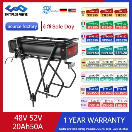 52v 48v 20ah rear rack ebike battery 18650 cells lithium pack with luggage for 1800w 1500w 1000w 750w 500w motor for bafang 40a