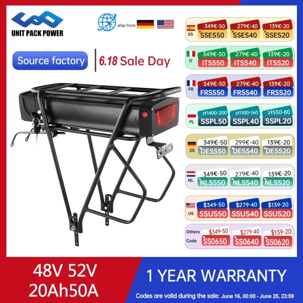 52v 48v 20ah rear rack ebike battery 18650 cells lithium pack with luggage for 1800w 1500w 1000w 750w 500w motor for bafang 40a