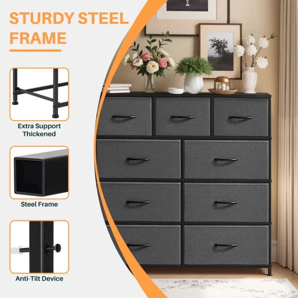 simenmax 9 drawers dresser for bedroom, tall fabric closet chests organizer tower furniture with wooden top metal frame