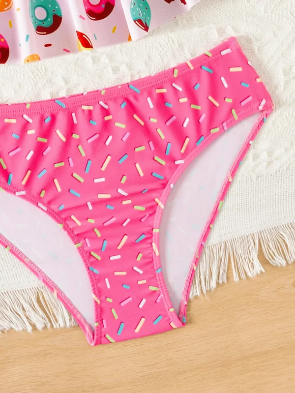 donut print ruffle deco girls kids bikini set summer beach outdoor cute 2 piece swimwear contrast adjustable girls kids swimsuit