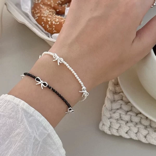 black crystal beaded bowknot pearl bracelet for women girl korean fashion beads chain vintage bracelet aesthetic y2k jewelry