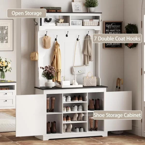 free delivery farmhouse narrow coat rack with shoe storage, 12 shoe cubbies&7 coat hooks,entryway furniture with hall tree new