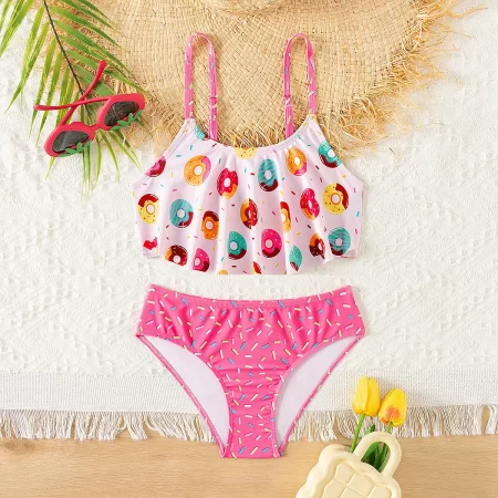 donut print ruffle deco girls kids bikini set summer beach outdoor cute 2 piece swimwear contrast adjustable girls kids swimsuit