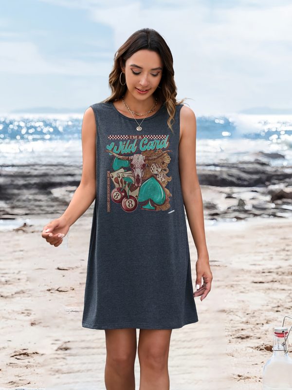 women's sleeveless dress with wildcard & poker print vibrant yellow mid length casual vacation dress, all season machine washable regular fit, gift for friends, summer outfit, playful design, comfortable wear, relaxed style