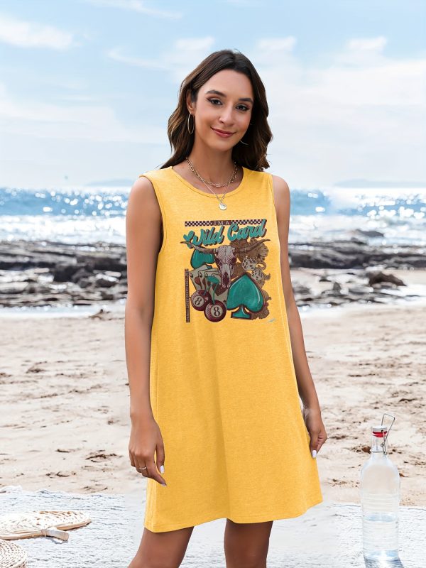 women's sleeveless dress with wildcard & poker print vibrant yellow mid length casual vacation dress, all season machine washable regular fit, gift for friends, summer outfit, playful design, comfortable wear, relaxed style