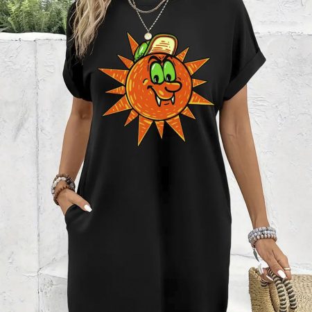 Women's Casual Short Sleeve T-Shirt Dress with Fun Smiling Sun Print - Loose Knee-Length Jumpsuit with Pockets, 100% Polyester, Machine Washable, Spring Summer Beach Outfit, Beach Dress, Summer Fashion, Medium Elasticity, Vacation Outfit, Round Neck, Lightweight Fabric, Vacation Style