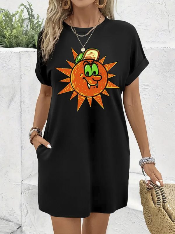 Women's Casual Short Sleeve T-Shirt Dress with Fun Smiling Sun Print - Loose Knee-Length Jumpsuit with Pockets, 100% Polyester, Machine Washable, Spring Summer Beach Outfit, Beach Dress, Summer Fashion, Medium Elasticity, Vacation Outfit, Round Neck, Lightweight Fabric, Vacation Style