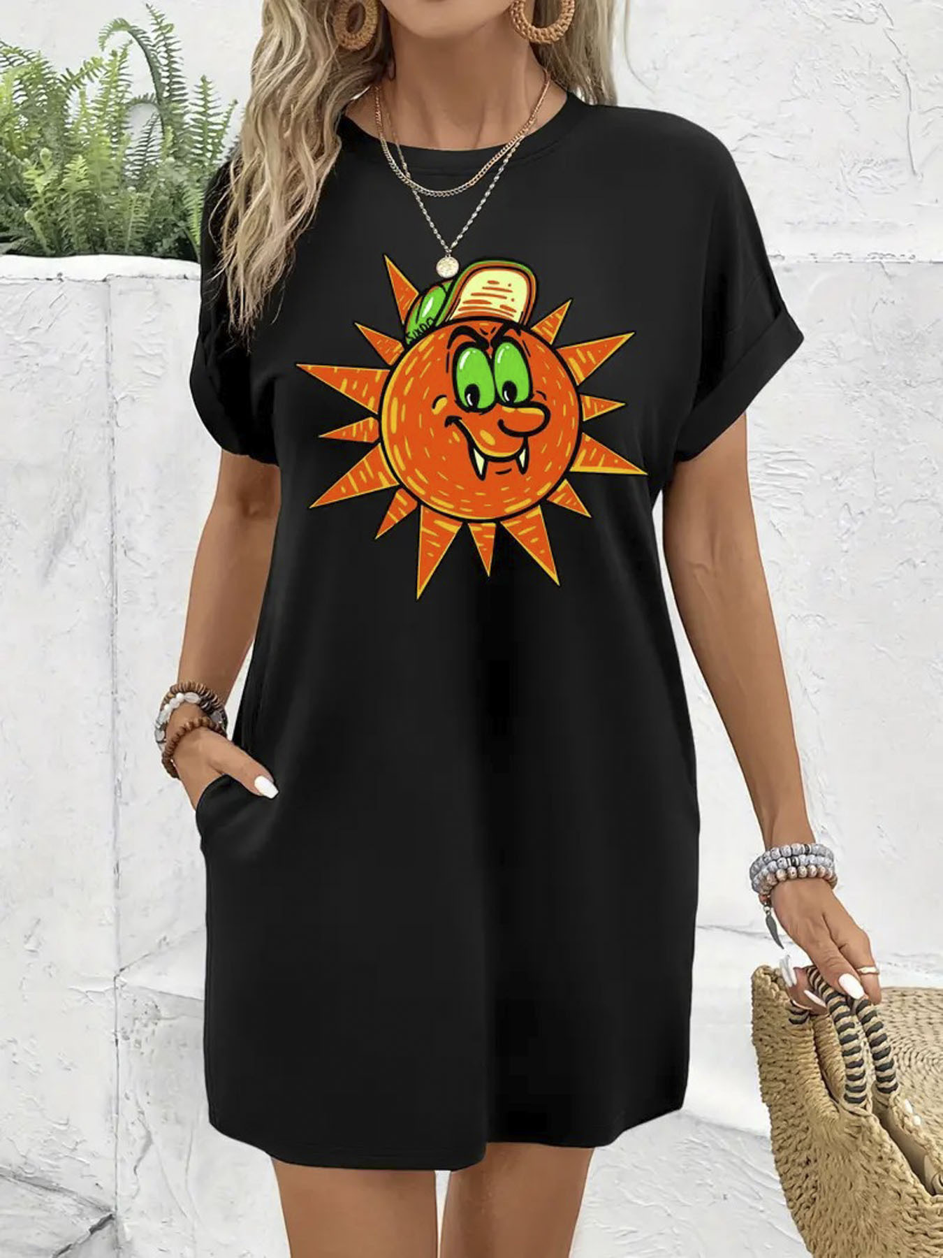 Women's Casual Short Sleeve T-Shirt Dress with Fun Smiling Sun Print - Loose Knee-Length Jumpsuit with Pockets, 100% Polyester, Machine Washable, Spring Summer Beach Outfit, Beach Dress, Summer Fashion, Medium Elasticity, Vacation Outfit, Round Neck, Lightweight Fabric, Vacation Style