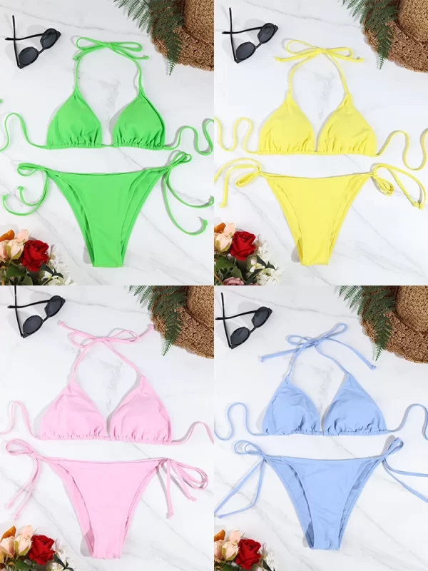 2 pc women beachwear sexy ladies thong bikini set solid color swimsuit side halter tie split strap adjustable brazilian swimwear