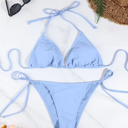 2 pc women beachwear sexy ladies thong bikini set solid color swimsuit side halter tie split strap adjustable brazilian swimwear