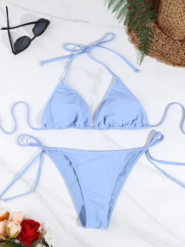 2 pc women beachwear sexy ladies thong bikini set solid color swimsuit side halter tie split strap adjustable brazilian swimwear