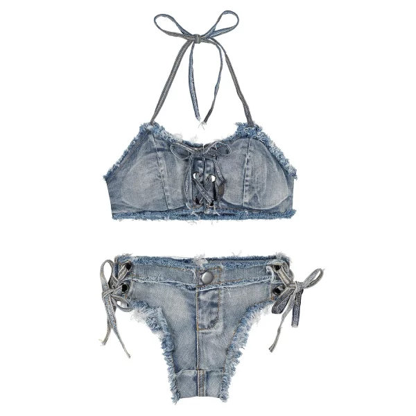650 # new summer fashion sexy strap split swimwear denim bikini set