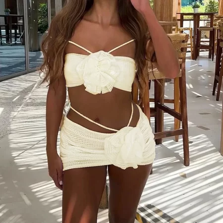 2025 sexy flowers three pieces bikini set swimsuit for women solid bandage swimwear female bathing suit beachwear swimming suit