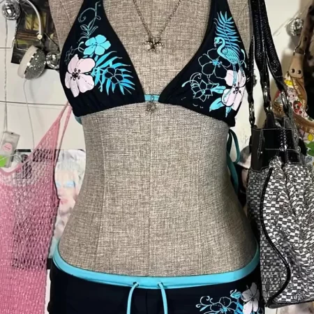 vintage flower print cutie set bikini 2000s swimsuit sexy women bathing fashion halter strap swimwear high street beach female