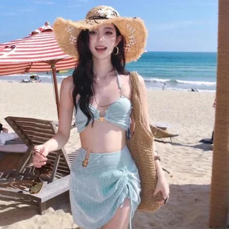 mint green high quality sexy summer vacation hot spring beach bikini three piece swimsuit set separate design for women