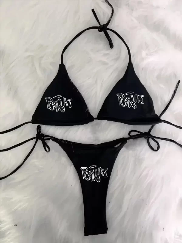 2000s woman punk new beach swimwear gothic clothes brat rhinestone printing grunge swimsuit bikini y2k bathing suits lace up ﻿