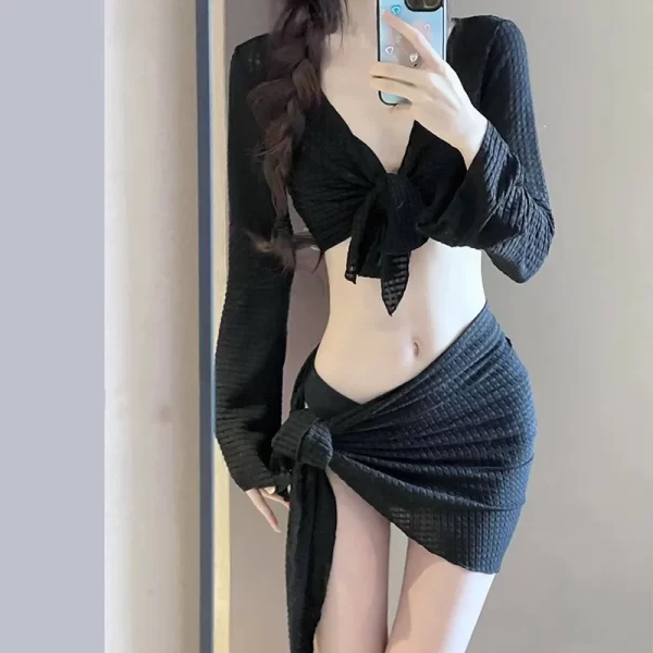 women's long sleeve knit bikini set, pure sexy push up swimsuit with cover up, elegant resort swimwear for vacation beach