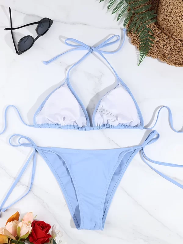 2 pc women beachwear sexy ladies thong bikini set solid color swimsuit side halter tie split strap adjustable brazilian swimwear