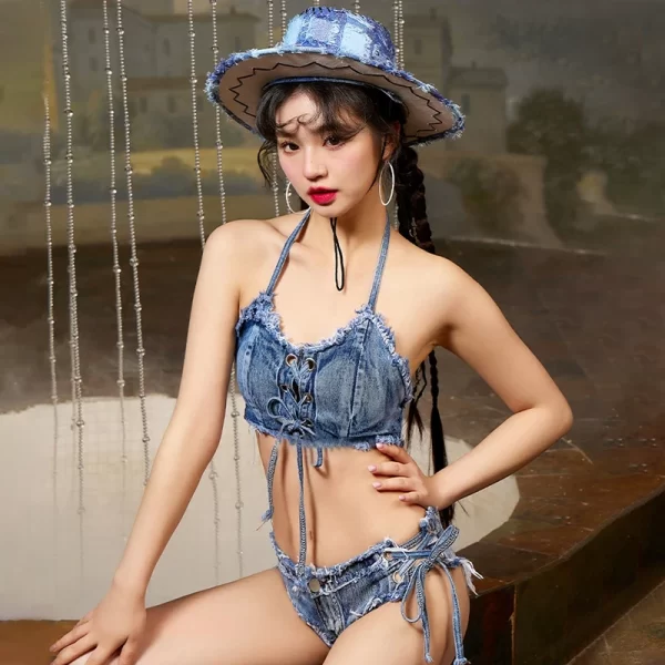 650 # new summer fashion sexy strap split swimwear denim bikini set
