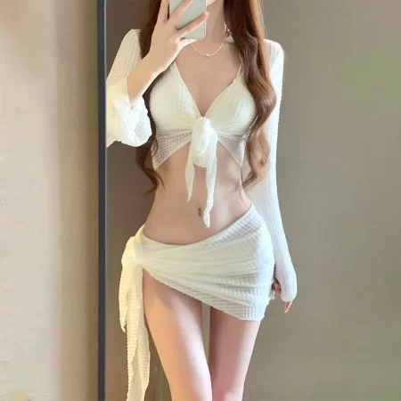 women's long sleeve knit bikini set, pure sexy push up swimsuit with cover up, elegant resort swimwear for vacation beach