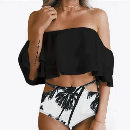 fashion women swimsuit leaf print bikini ruffle edge bra swimwear push up bathing suits female beachwear high waist bikini sets