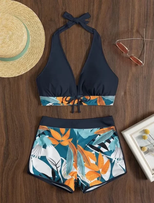 fashion printed swimsuit women spliced lace up sporty surfing bikini set bathing suit beachwear swimwear female swimming suits